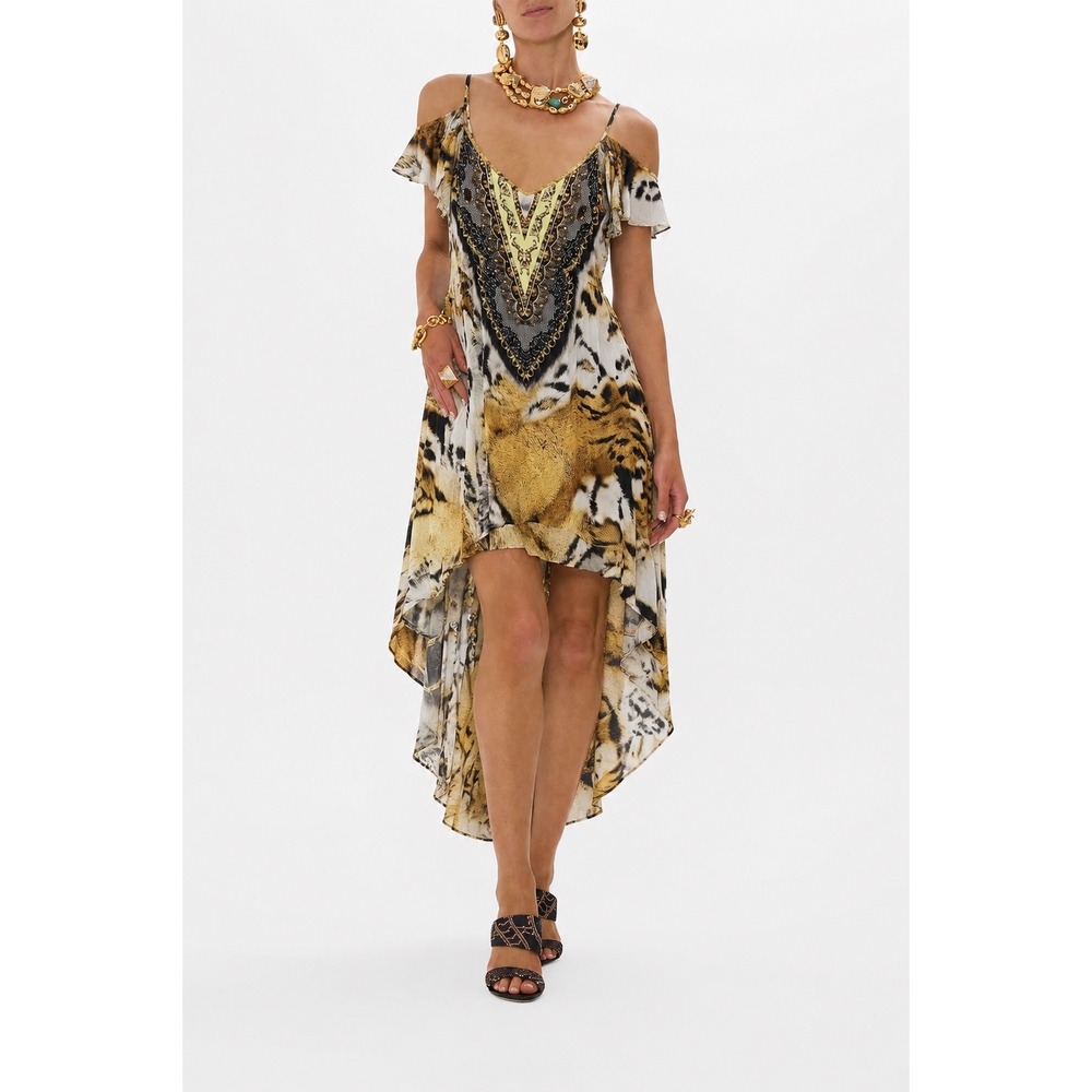 Shahida Parides Tiger Print viscose Silk Crystal Embellished High Low Dress